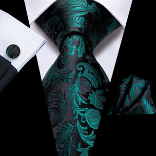 Green Black Floral Silk Necktie Pocket Square Cufflinks Set