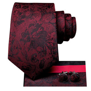 Navy Wine Red Black Floral Silk Necktie Pocket Square Cufflinks Set