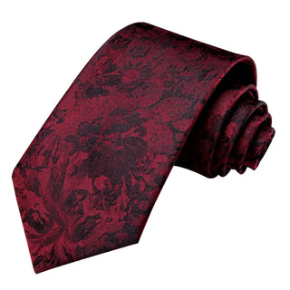 Red Black Floral Silk Necktie Pocket Square Cufflinks Set