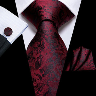 Navy Wine Red Black Floral Silk Necktie Pocket Square Cufflinks Set