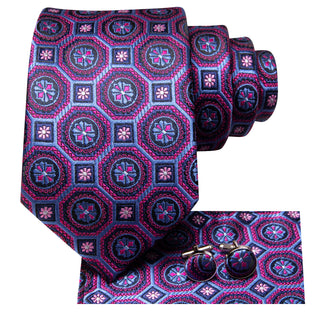 Purple Blue Novelty Silk Necktie Pocket Square Cufflinks Set