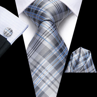 Grey White Blue Plaid Silk Necktie Pocket Square Cufflinks Set