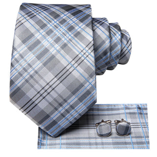Grey White Blue Plaid Silk Necktie Pocket Square Cufflinks Set