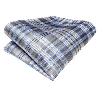 Grey White Blue Plaid Silk Necktie Pocket Square Cufflinks Set