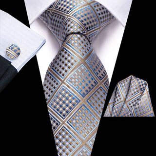 Champagne Blue Plaid Silk Soft Men's Necktie Pocket Square Cufflinks Set