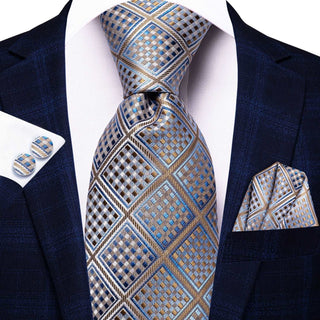 Champagne Blue Plaid Silk Soft Men's Necktie Pocket Square Cufflinks Set