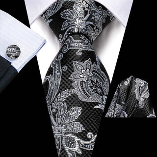 Black White Floral Silk Necktie Pocket Square Cufflinks Set