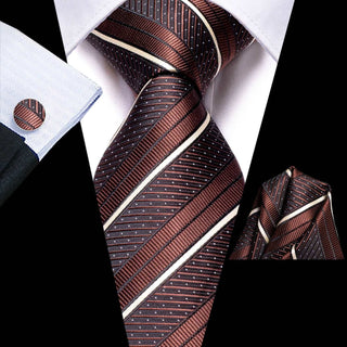 Brown White Strip Silk Necktie Pocket Square Cufflinks Set