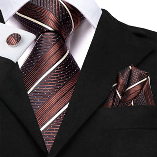 Brown White Strip Silk Necktie Pocket Square Cufflinks Set