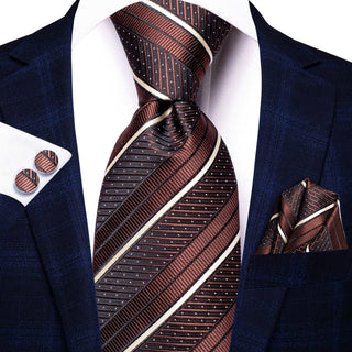 Brown White Strip Silk Necktie Pocket Square Cufflinks Set