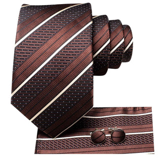 Brown White Strip Silk Necktie Pocket Square Cufflinks Set