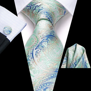 Mint Green Blue Paisley Silk Necktie Pocket Square Cufflinks Set