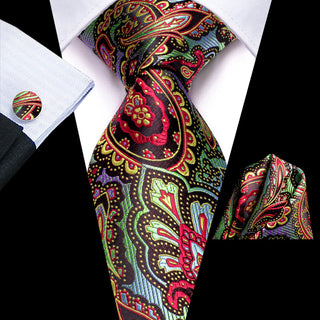 New Colorful Paisley Silk Men's Necktie Pocket Square Cufflinks Set