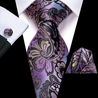 New Purple Blue Yellow Paisley Silk Necktie Pocket Square Cufflinks Set
