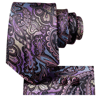 New Purple Blue Yellow Paisley Silk Necktie Pocket Square Cufflinks Set