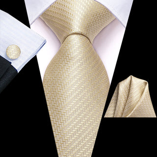Champagne Strip Silk Necktie Pocket Square Cufflinks Set