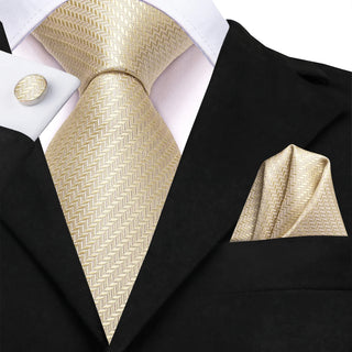 Champagne Strip Silk Necktie Pocket Square Cufflinks Set