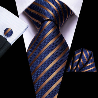 Blue Gold Striped Silk Necktie Pocket Square Cufflinks Set