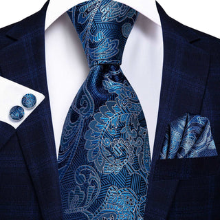 Blue Paisley Men's Silk Necktie Pocket Square Cufflinks Set