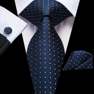 Blue Gold Dot Silk Necktie Pocket Square Cufflinks Set