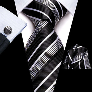 Black White Strip Silk Necktie Pocket Square Cufflinks Set