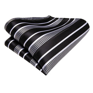 Black White Strip Silk Necktie Pocket Square Cufflinks Set