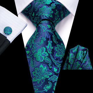 Navy Blue Teal Jacquard Floral Silk Necktie Pocket Square Cufflinks Set