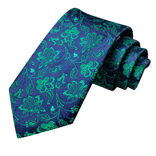 Navy Blue Teal Jacquard Floral Silk Necktie Pocket Square Cufflinks Set