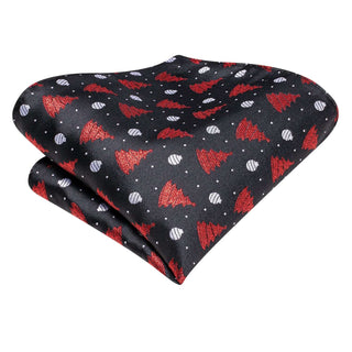 Black Red Christmas Tree Silk Necktie Pocket Square Cufflinks Set