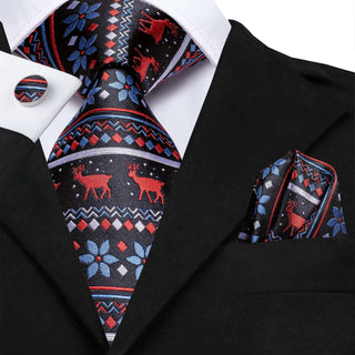 Black Blue Red Novelty Christmas Silk Necktie Pocket Square Cufflinks Set