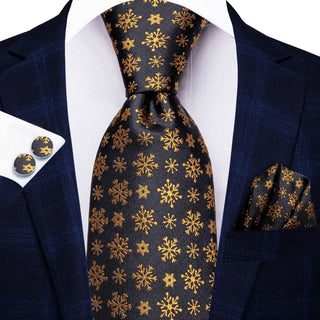 Black Golden Snow Christmas Silk Necktie Pocket Square Cufflinks Set