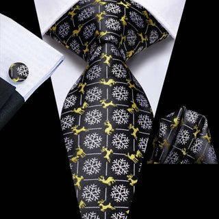 Black White Snow Yellow Elk Christmas Silk Necktie Pocket Square Cufflinks Set