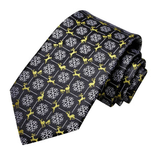 Black White Snow Yellow Elk Christmas Silk Necktie Pocket Square Cufflinks Set