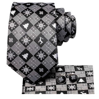 Black Grey Snow Novelty Christmas Tree Silk Necktie Pocket Square Cufflinks Set