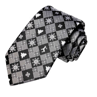 Black Grey Snow Novelty Christmas Tree Silk Necktie Pocket Square Cufflinks Set