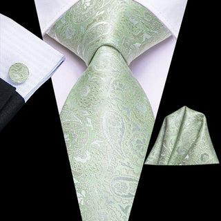 Mint Green Paisley Silk Necktie Pocket Square Cufflinks Set