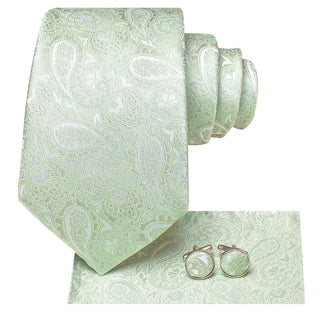 Mint Green Paisley Silk Necktie Pocket Square Cufflinks Set