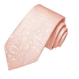 Light Coral Pink Paisley Silk Necktie Pocket Square Cufflinks Set