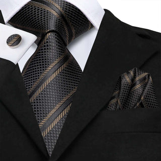 Black Brown Strip Silk Necktie Pocket Square Cufflinks Set