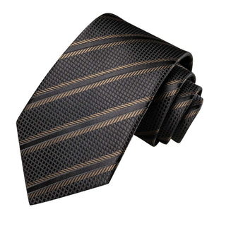 Black Brown Strip Silk Necktie Pocket Square Cufflinks Set