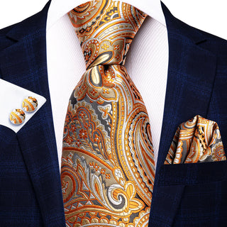 New Orange White Black Paisley Silk Men's Necktie Pocket Square Cufflinks Set