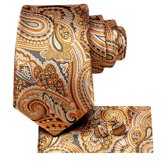 New Orange White Black Paisley Silk Men's Necktie Pocket Square Cufflinks Set