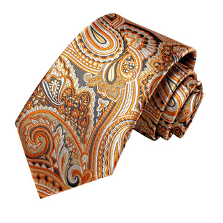 New Orange White Black Paisley Silk Men's Necktie Pocket Square Cufflinks Set
