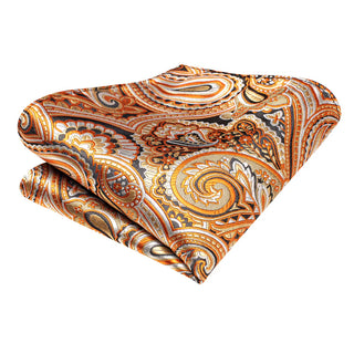 New Orange White Black Paisley Silk Men's Necktie Pocket Square Cufflinks Set