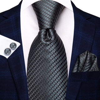 Grey Black Irregular Strip Silk Necktie Pocket Square Cufflinks Set
