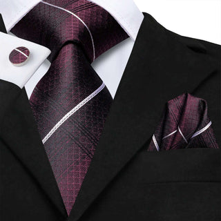 Burgundy White Strip Silk Necktie Pocket Square Cufflinks Set