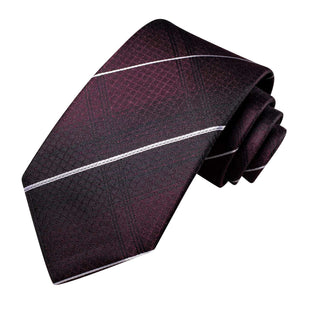 Burgundy White Strip Silk Necktie Pocket Square Cufflinks Set