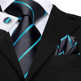 Black Blue Striped Silk Necktie Pocket Square Cufflinks Set