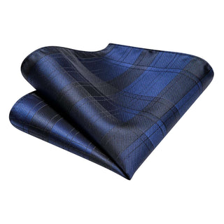Blue Black Plaid Silk Necktie Pocket Square Cufflinks Set
