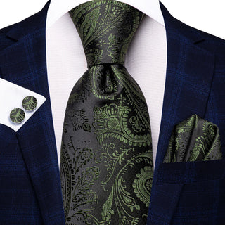 Green Black Paisley Silk Necktie Pocket Square Cufflinks Set